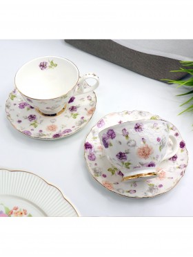 Porcelain Purple Asters 2 Cups & 2 Saucers With Gift Box